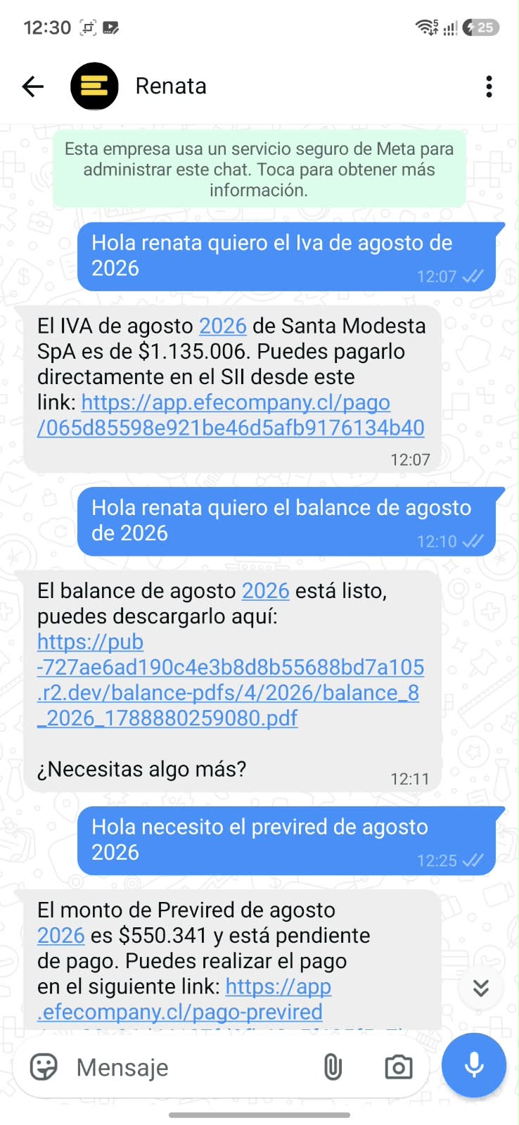 Conversación real con Renata por WhatsApp: balance, IVA y liquidaciones de sueldo